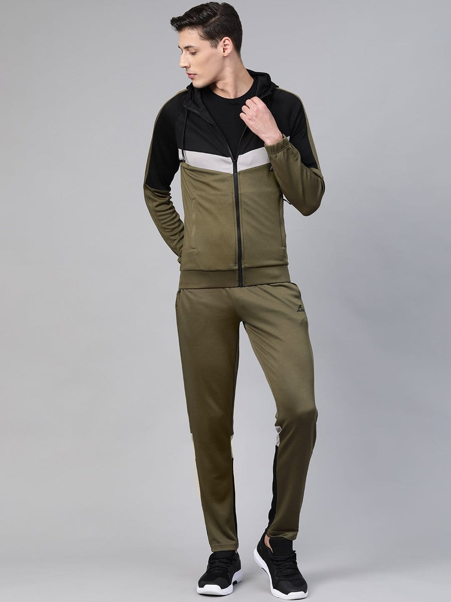 Alcis Men Olive Green  Black Hooded Colourblocked Training Tracksuit