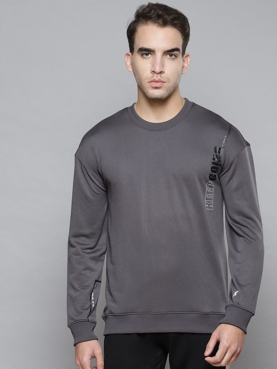 Alcis Men Grey Solid Round Neck Sweatshirt with Print Detail