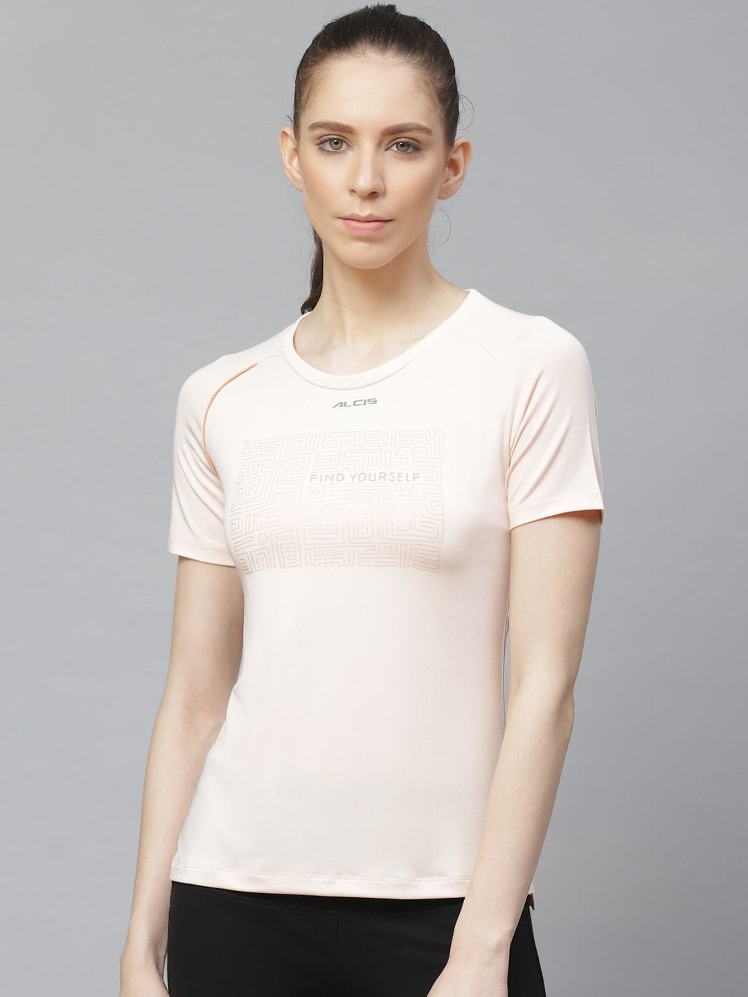 Alcis Women Peach-Coloured Slim Fit Printed Anti-Viral Training T-shirt