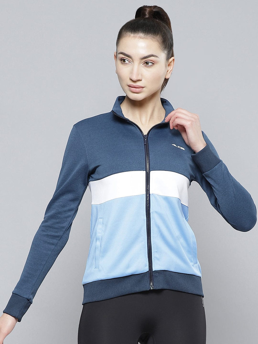 Alcis Women Blue White Colourblocked Polyester Regular Outdoor Sporty Jacket