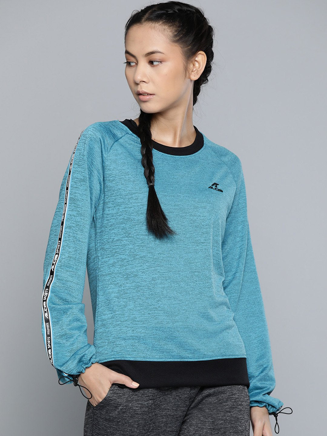 Alcis Women Teal Blue  Black Self-Design Sweatshirt