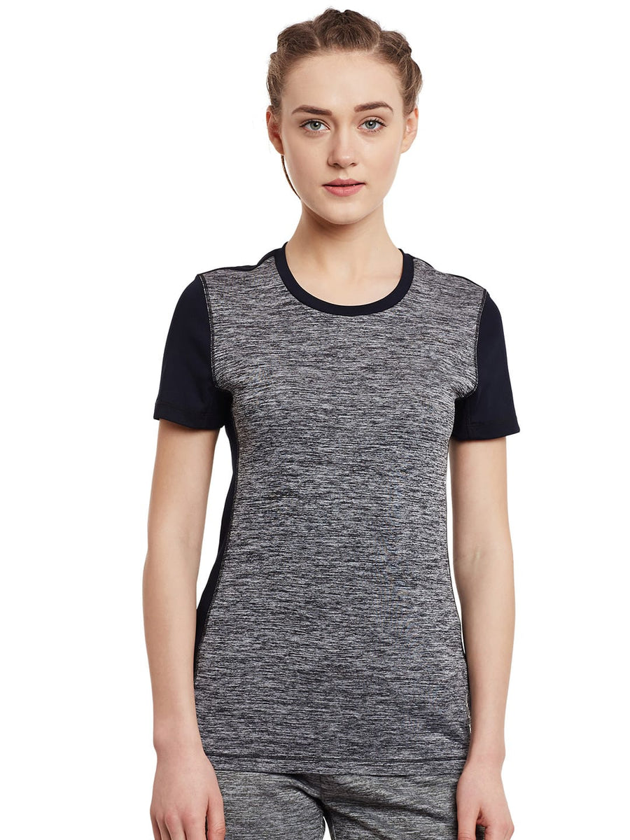 Alcis Women Grey Melange Black Tech Solid Slim Round Neck Training T-shirt AKTRWTE1240316-S