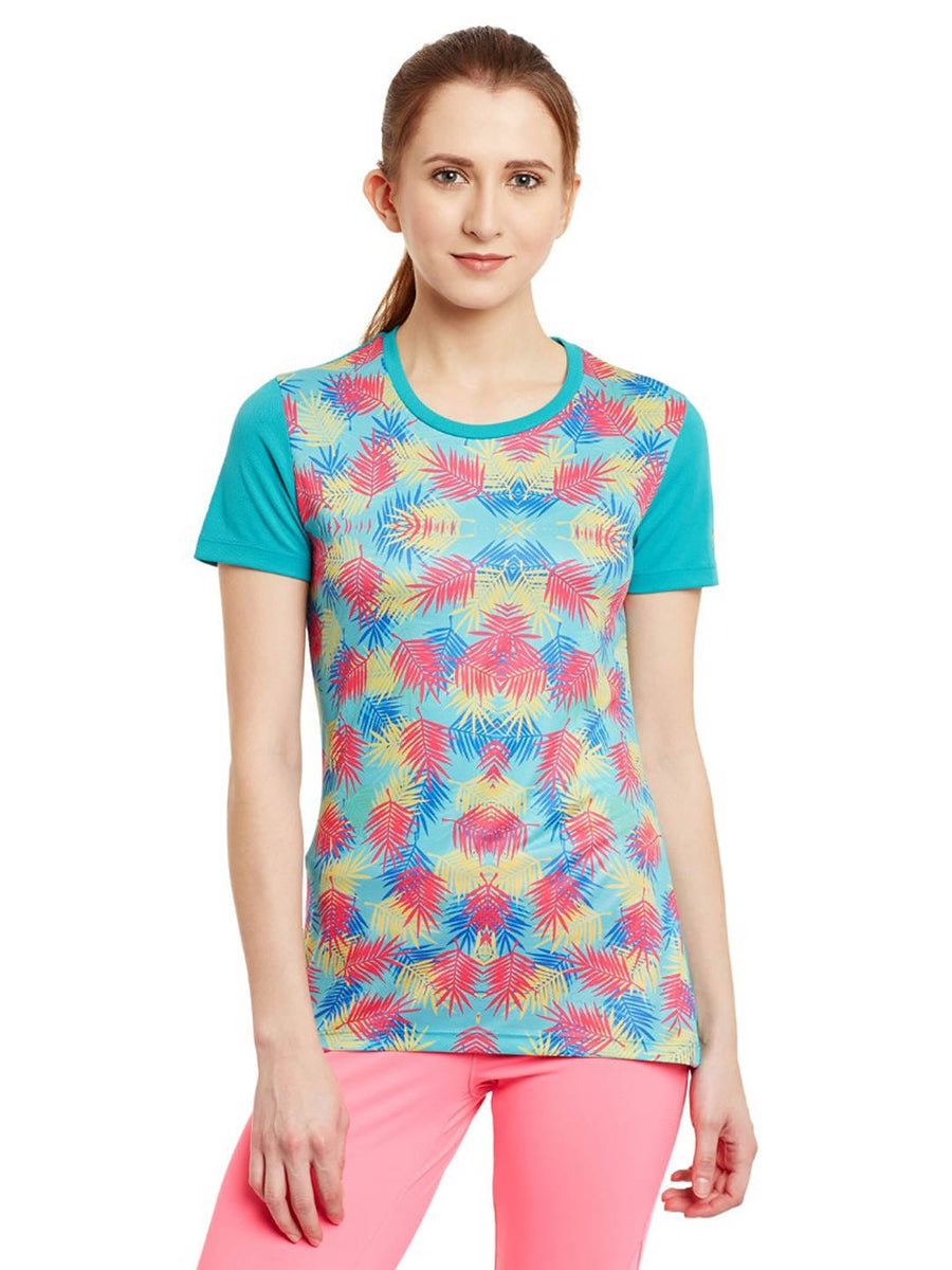 Alcis Women Blue Printed Round Neck YOGA FLOW AND GO T-shirt AKYGWTP1060139-S