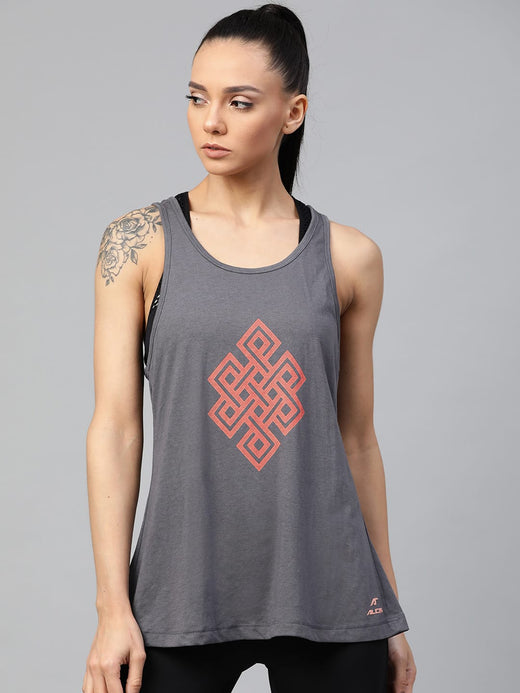 Alcis Women Charcoal Grey & Coral Orange Printed Styled Back Top