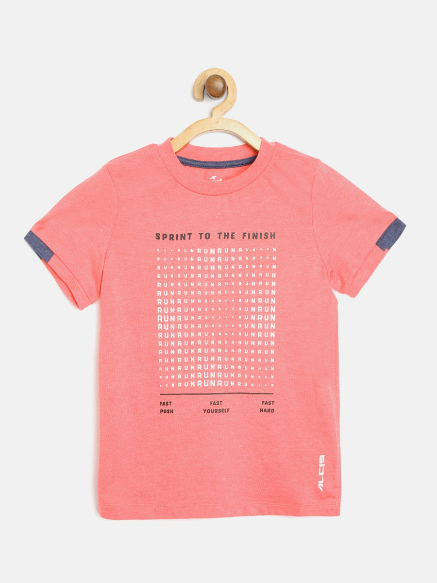Alcis Boys Coral Pink & White Slim Fit Typography Print Round Neck Running T-shirt BAS20C720329-4Y