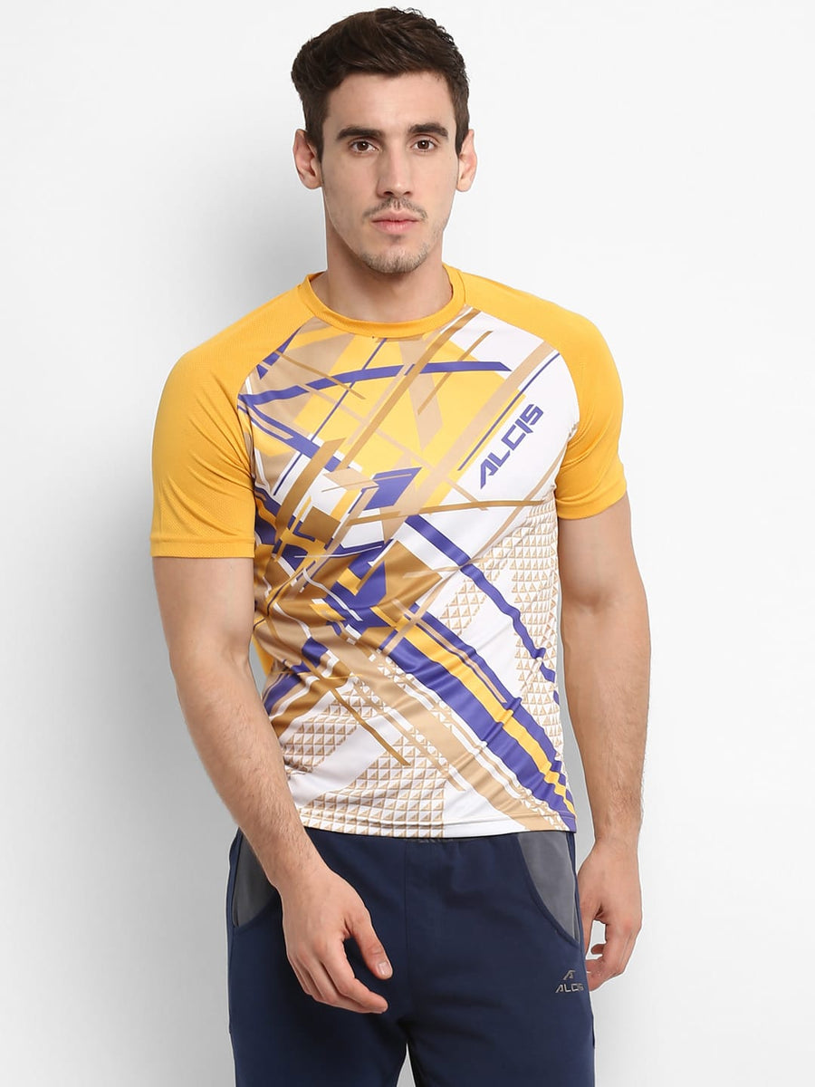 Alcis Men Yellow Printed Round Neck T-shirt BFMTE8134-S