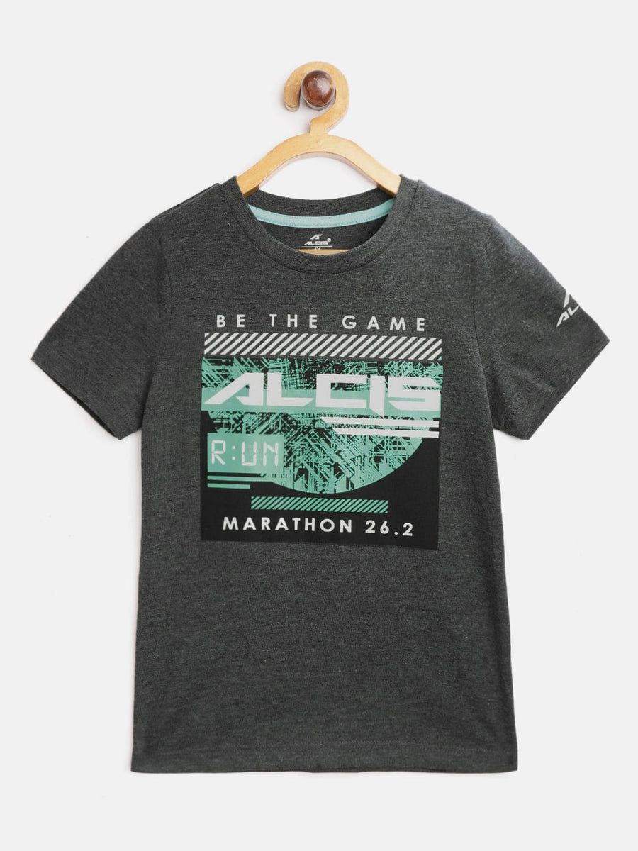 Alcis Boys Charcoal Grey & Green Printed Round Neck T-shirt BTESS1063-4Y
