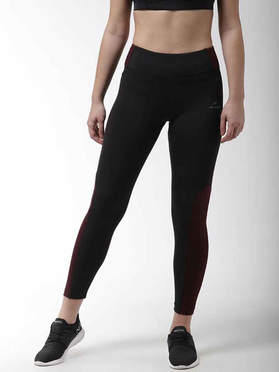 Alcis Women Black  Burgundy Colourblocked Training Tights