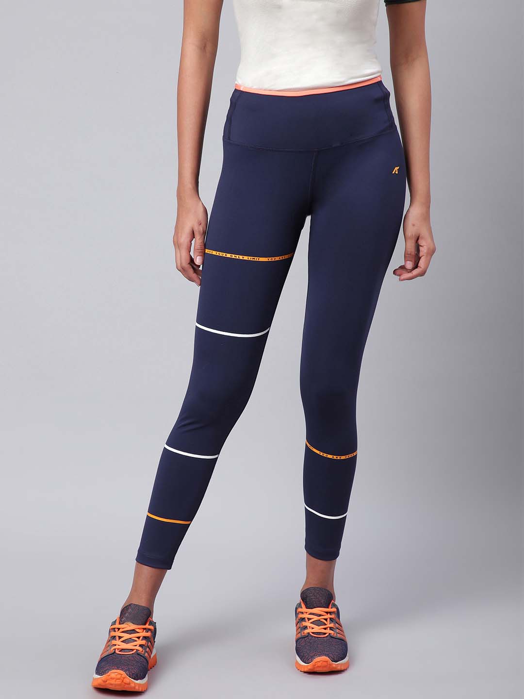 Alcis Women Navy Blue Striped Secure Fit Cropped Training Tights