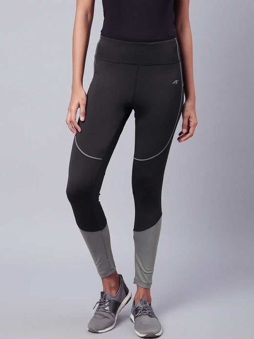 Alcis Women Black Grey Colourblocked Drytech+ Solid Cropped Training Tights