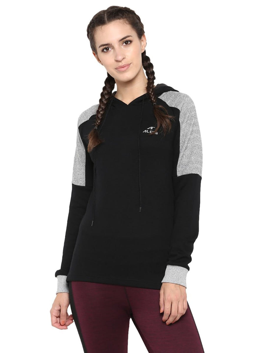 Alcis Women Black  Grey Colourblocked Hooded Sweatshirt