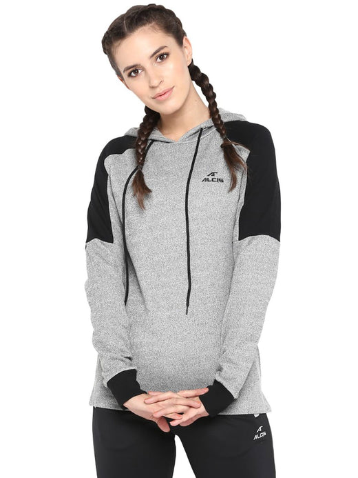 Alcis Women Grey Black Colourblocked Hooded Sweatshirt
