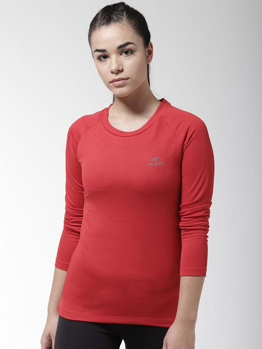 Alcis Women Red Self Design Round Neck T-shirt