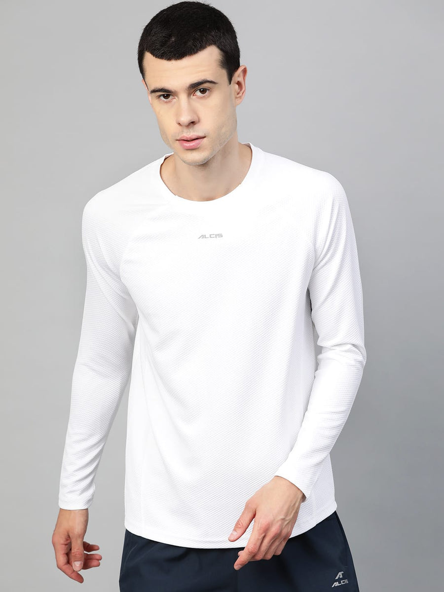 Alcis Men White Self-Design Round Neck T-shirt