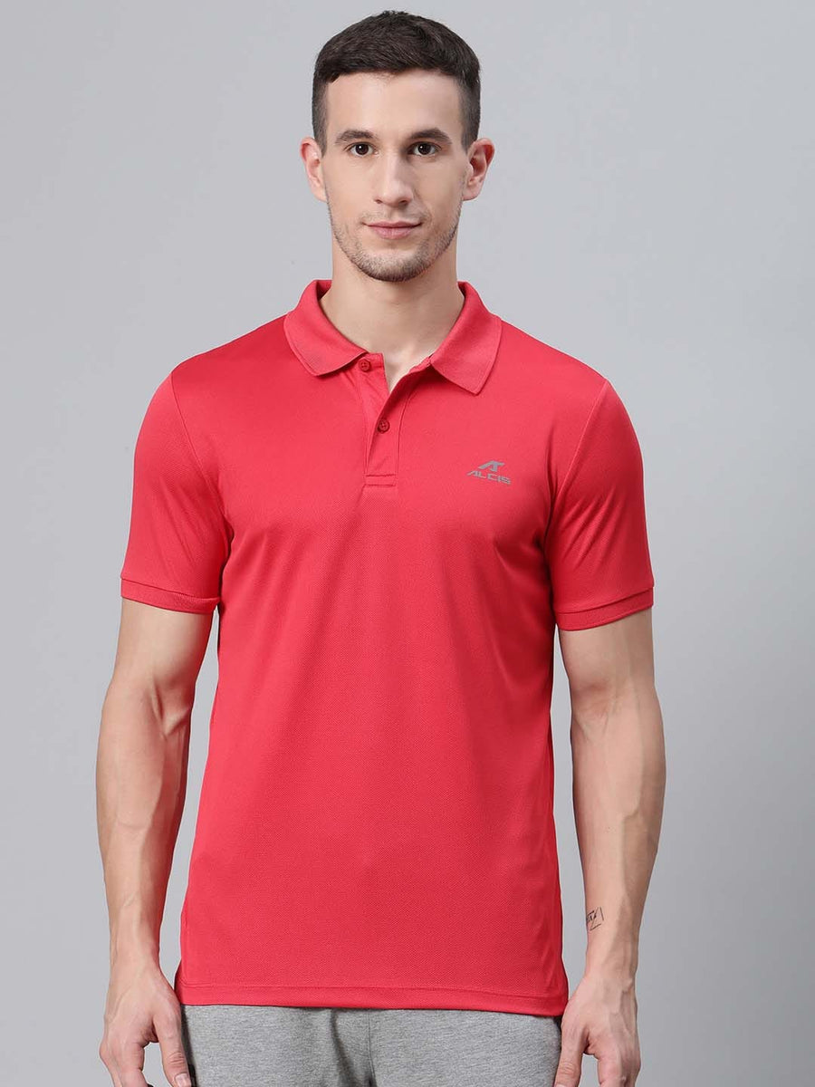 Alcis Men Coral Red Solid Polo Collar Badminton T-shirt