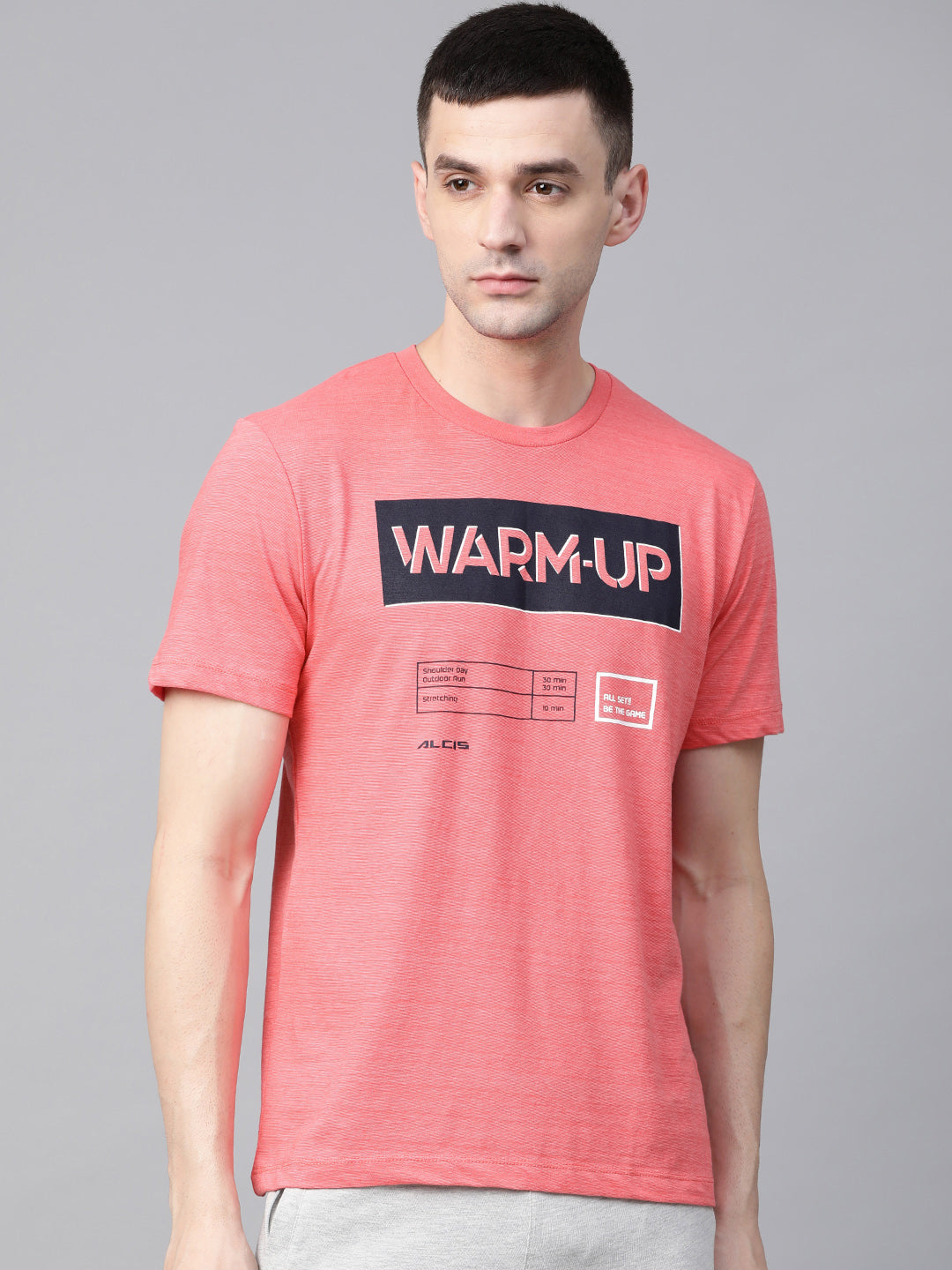 Alcis Men Coral  Pink  Navy Blue Printed Round Neck T-shirt