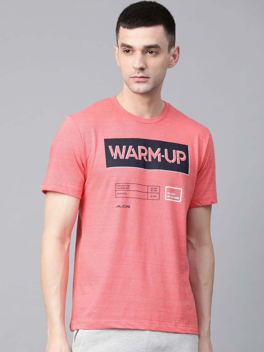 Alcis Men Coral  Pink  Navy Blue Printed Round Neck T-shirt