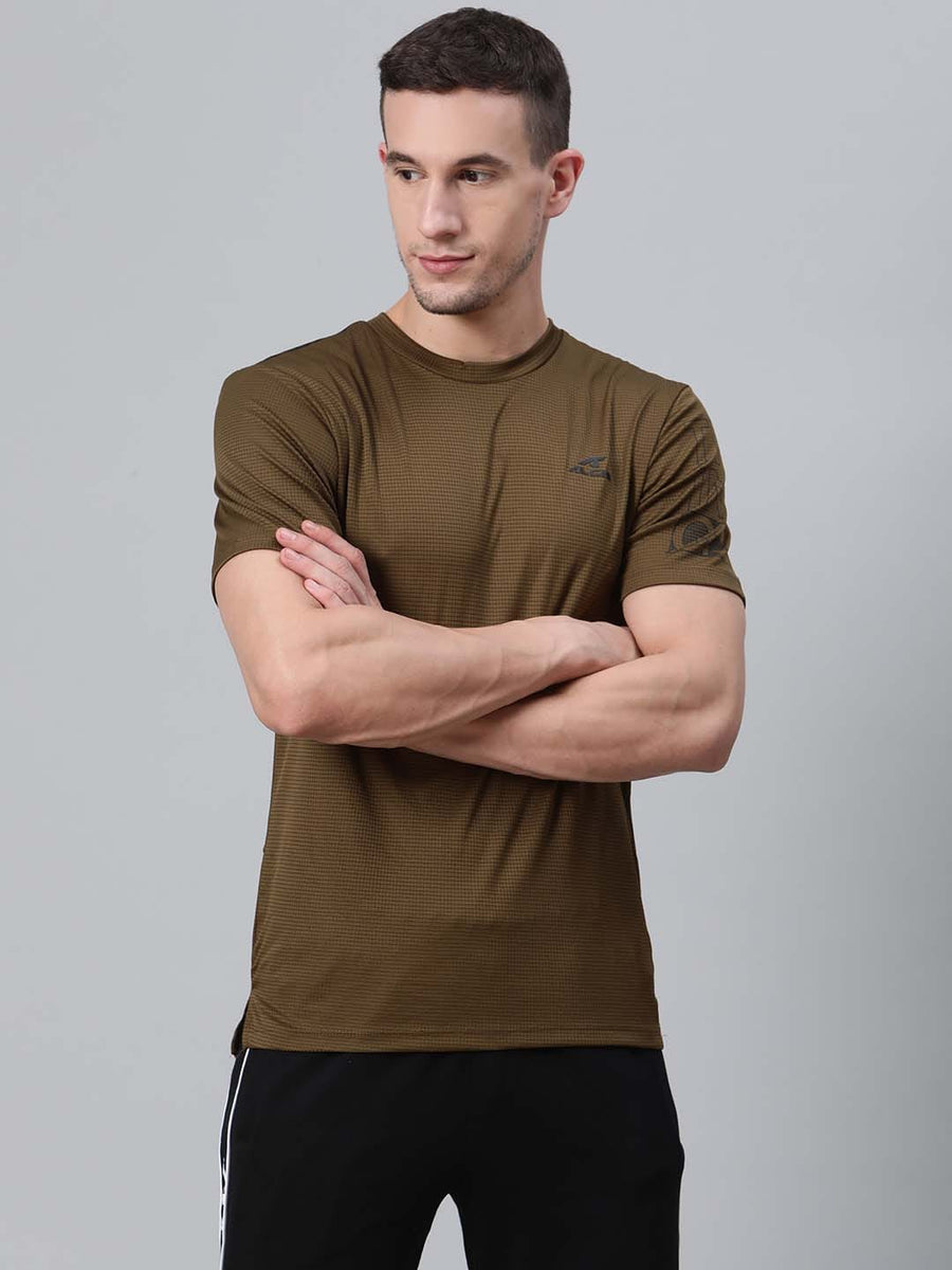 Alcis Men Olive Green Self Checked Round Neck Training T-shirt
