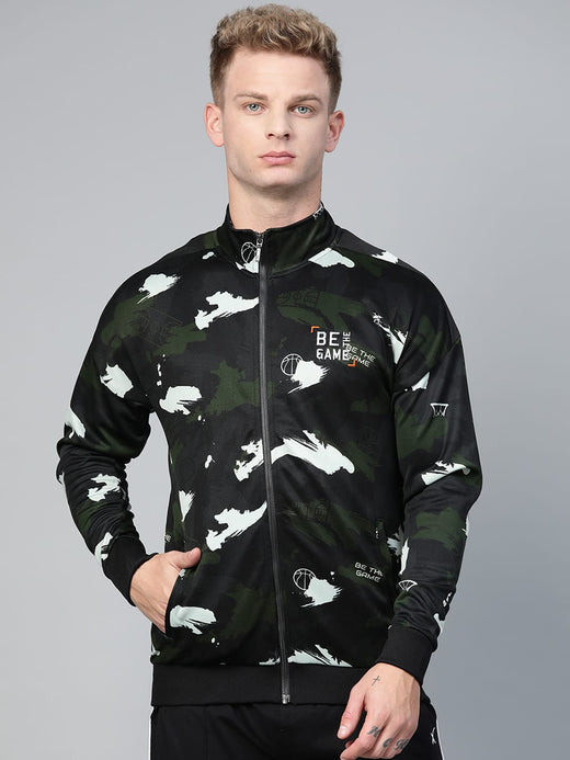 Alcis Men Olive Green Black Abstract Print Bomber Jacket