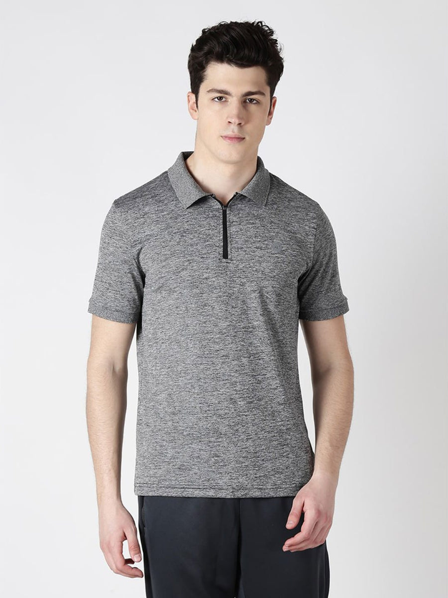 Alcis Men Grey Melange Solid Slim Fit Polo Collar T-shirt