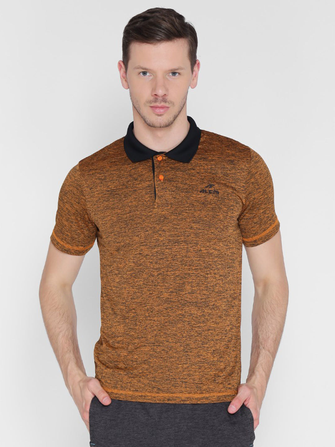 Alcis Men Orange  Black Melange Solid Polo Collar T-shirt