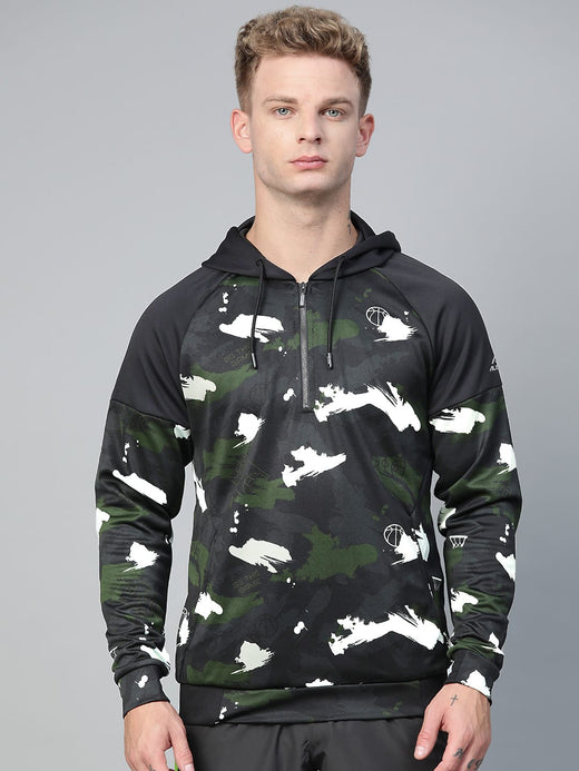 Alcis Men Olive Green Black Camouflage Print Hooded Sweatshirt