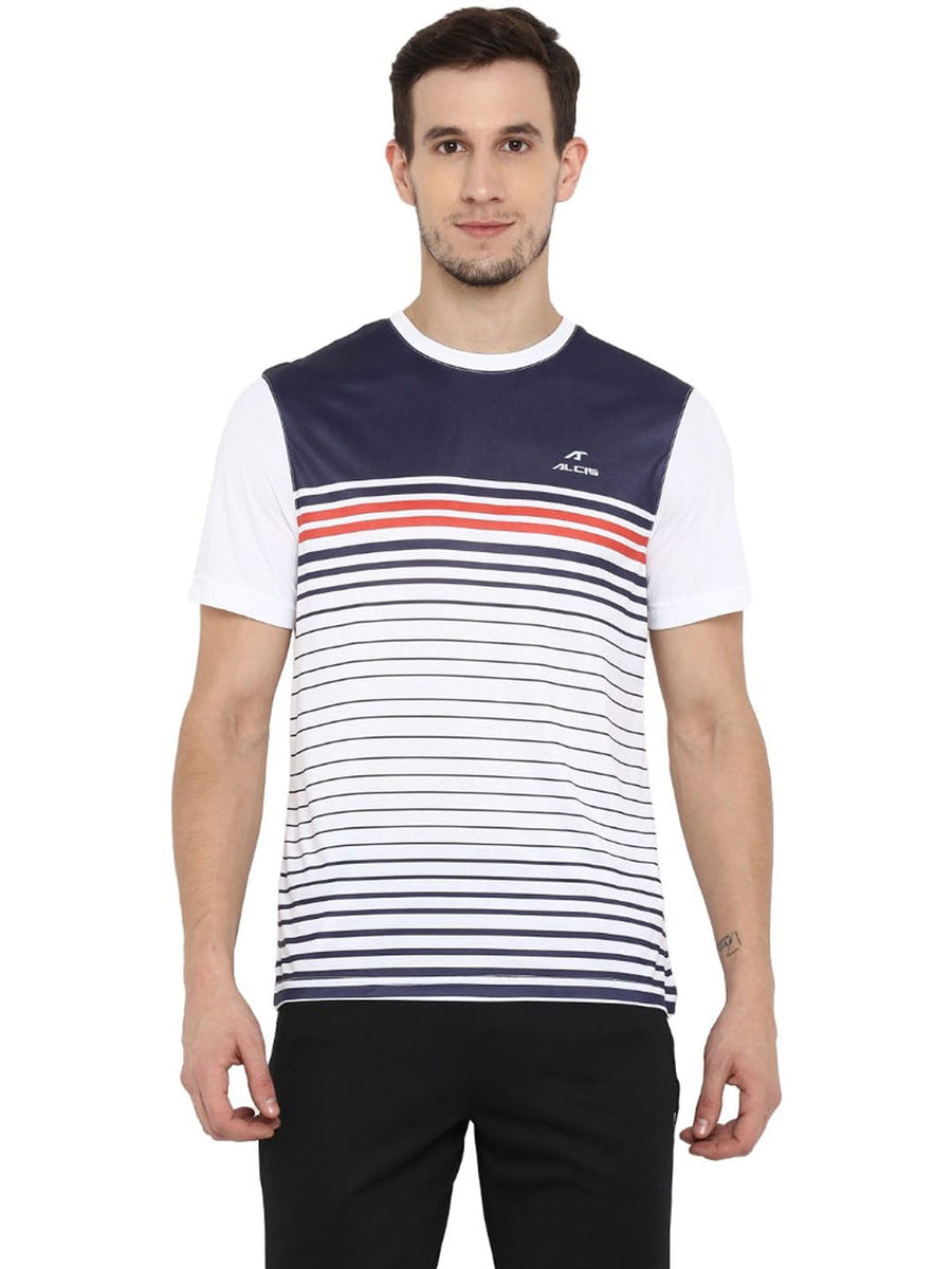 Alcis Men White  Blue Striped Round Neck T-shirt