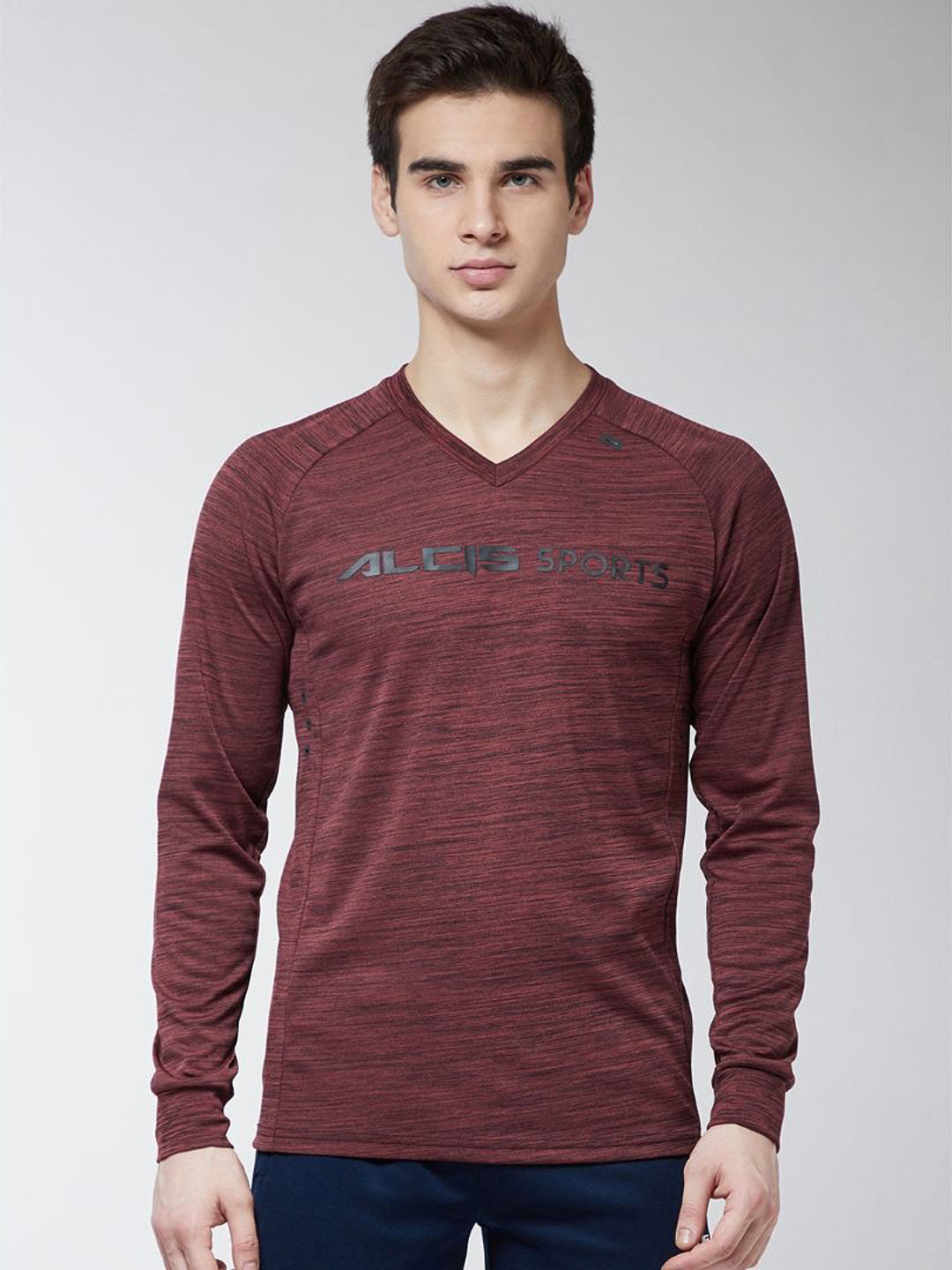 Alcis Men Maroon Self Design V-Neck T-shirt