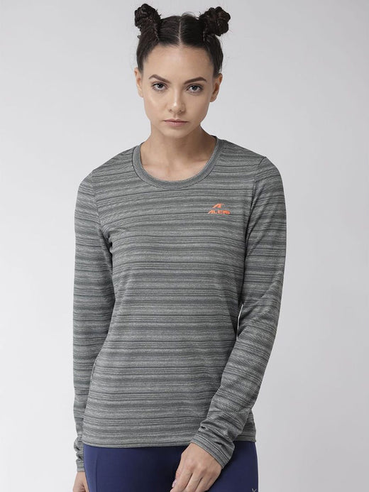 Alcis Women Grey Striped Round Neck T-shirt