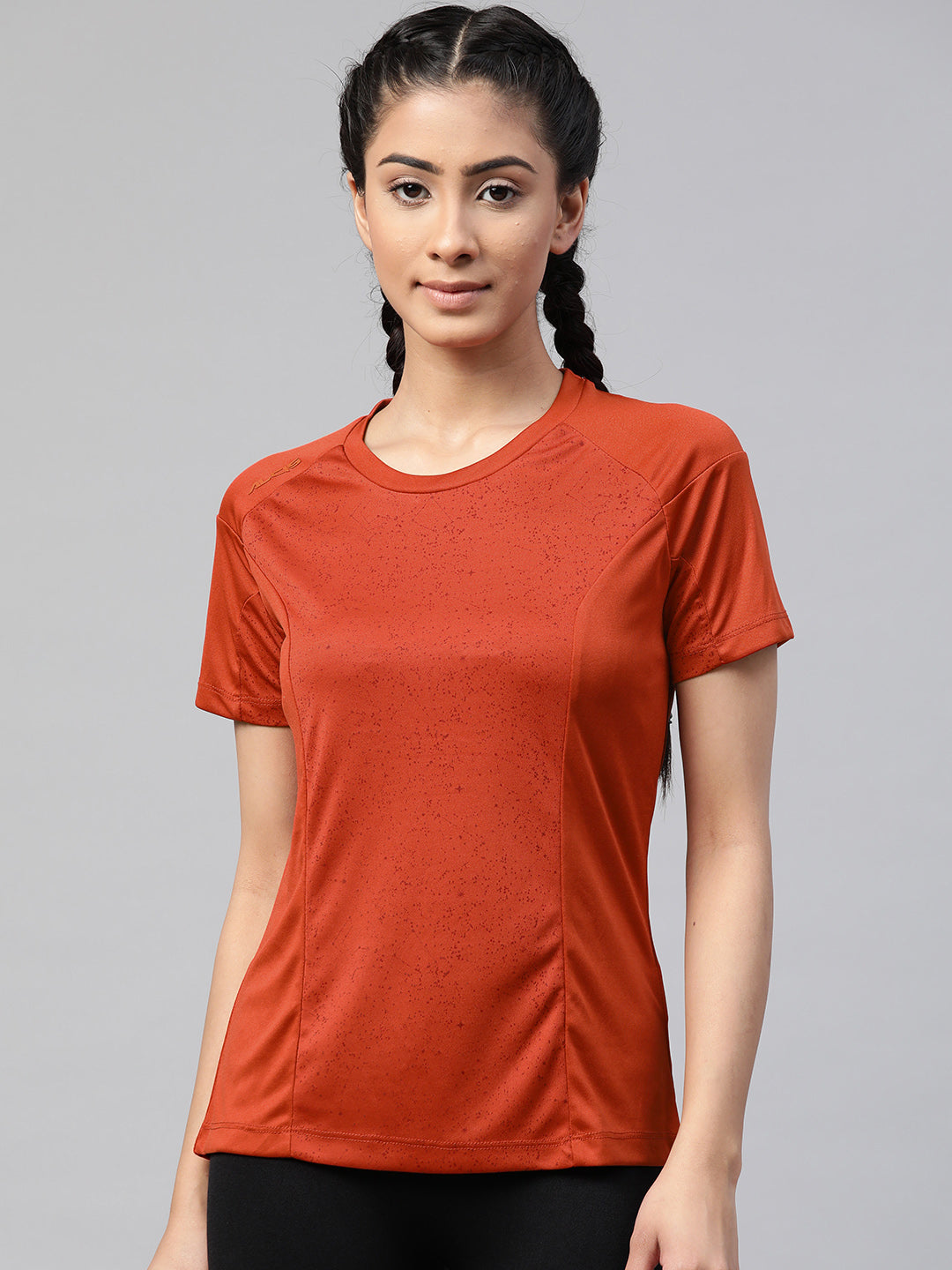 Alcis Women Rust Orange Printed Slim Fit Round Neck Tennis T-shirt