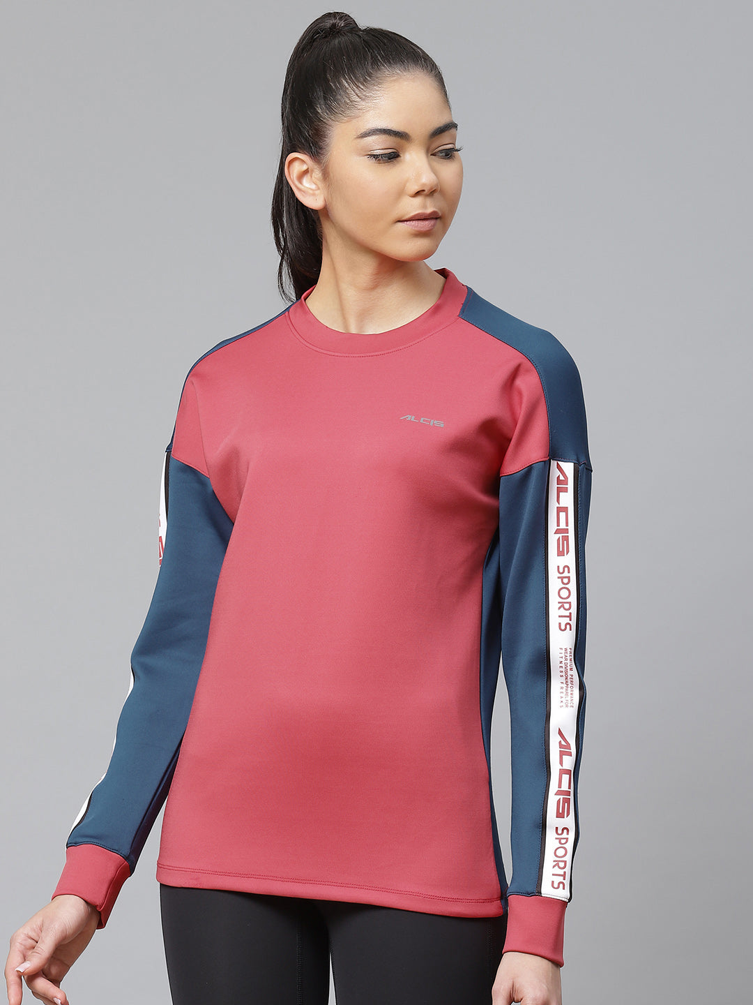 Alcis Women Red  Blue Solid Sweatshirt