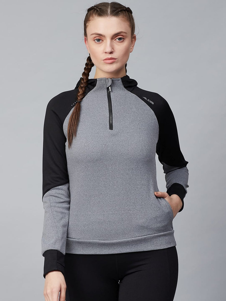 Alcis Women Grey Solid Hooded Pullover Sweatshirt