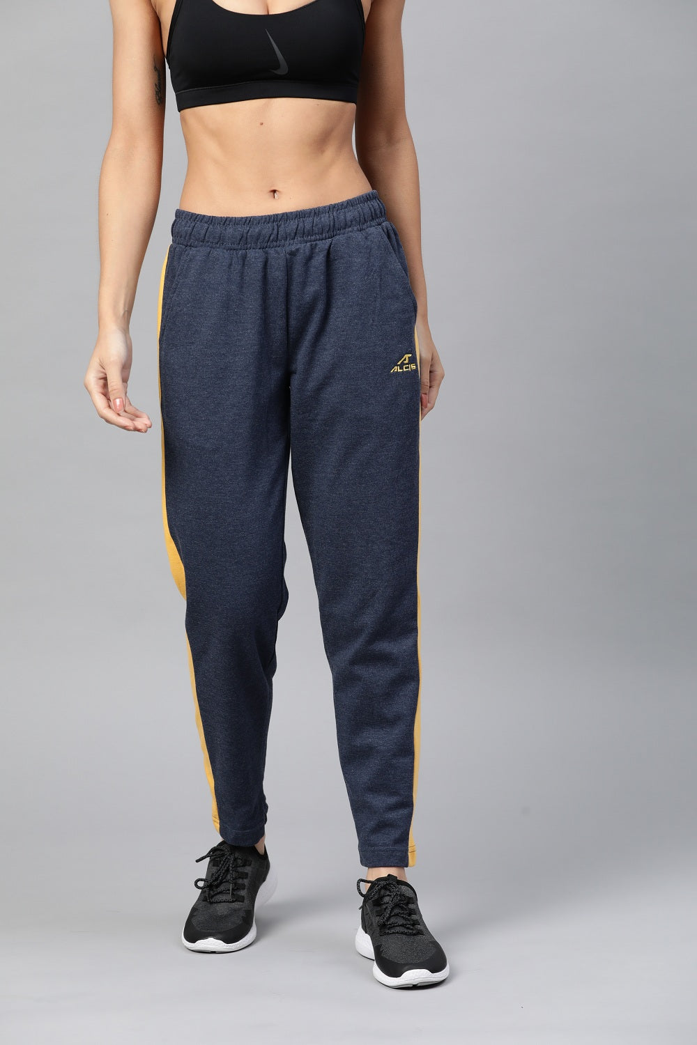Alcis Women Navy Blue  Mustard Yellow Solid Slim Fit Solid Track Pants