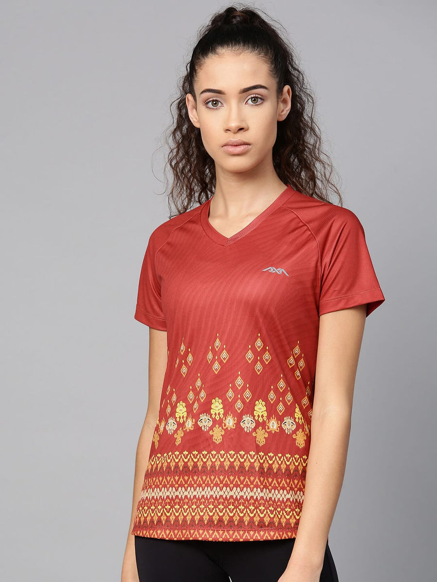 Alcis Women Rust Red  Yellow Printed V-Neck T-shirt