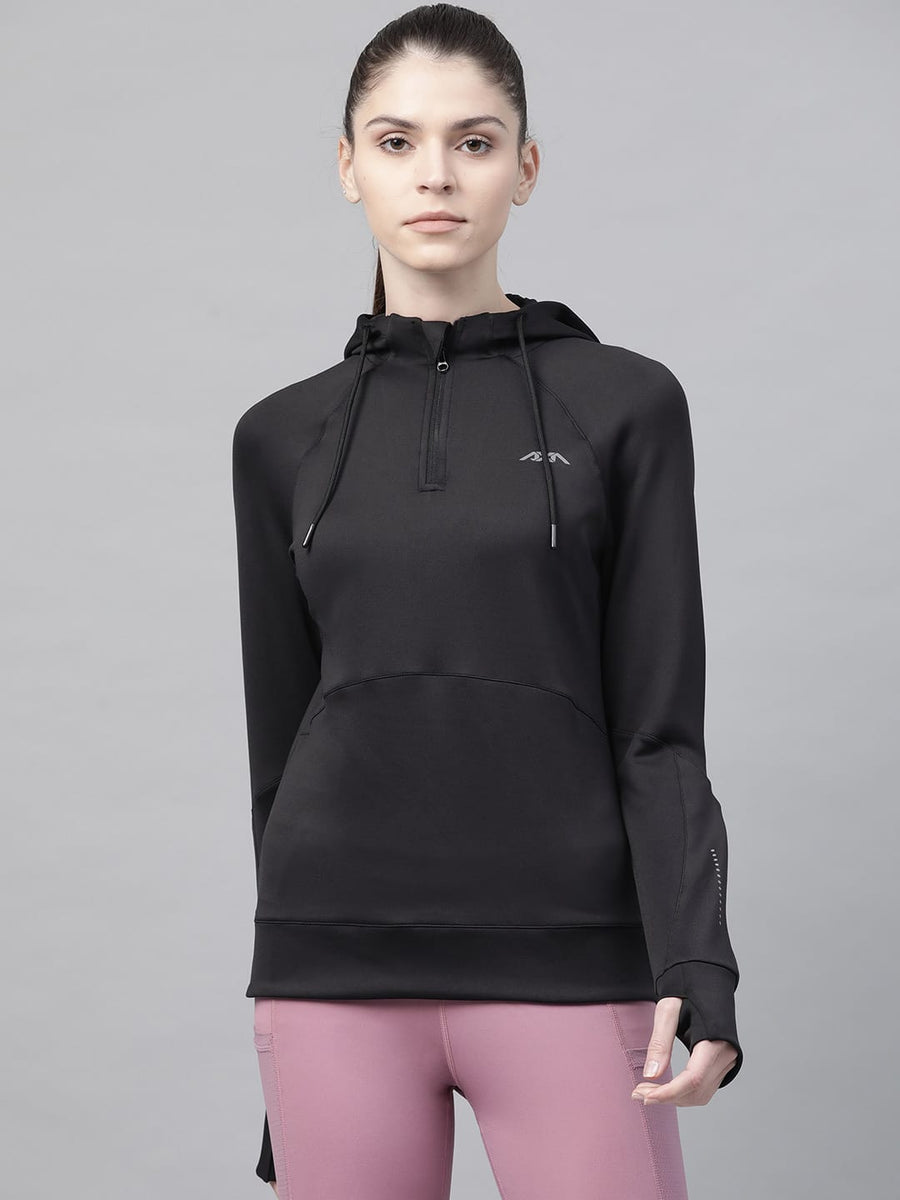 Alcis Women Black Solid Hooded Sweatshirt