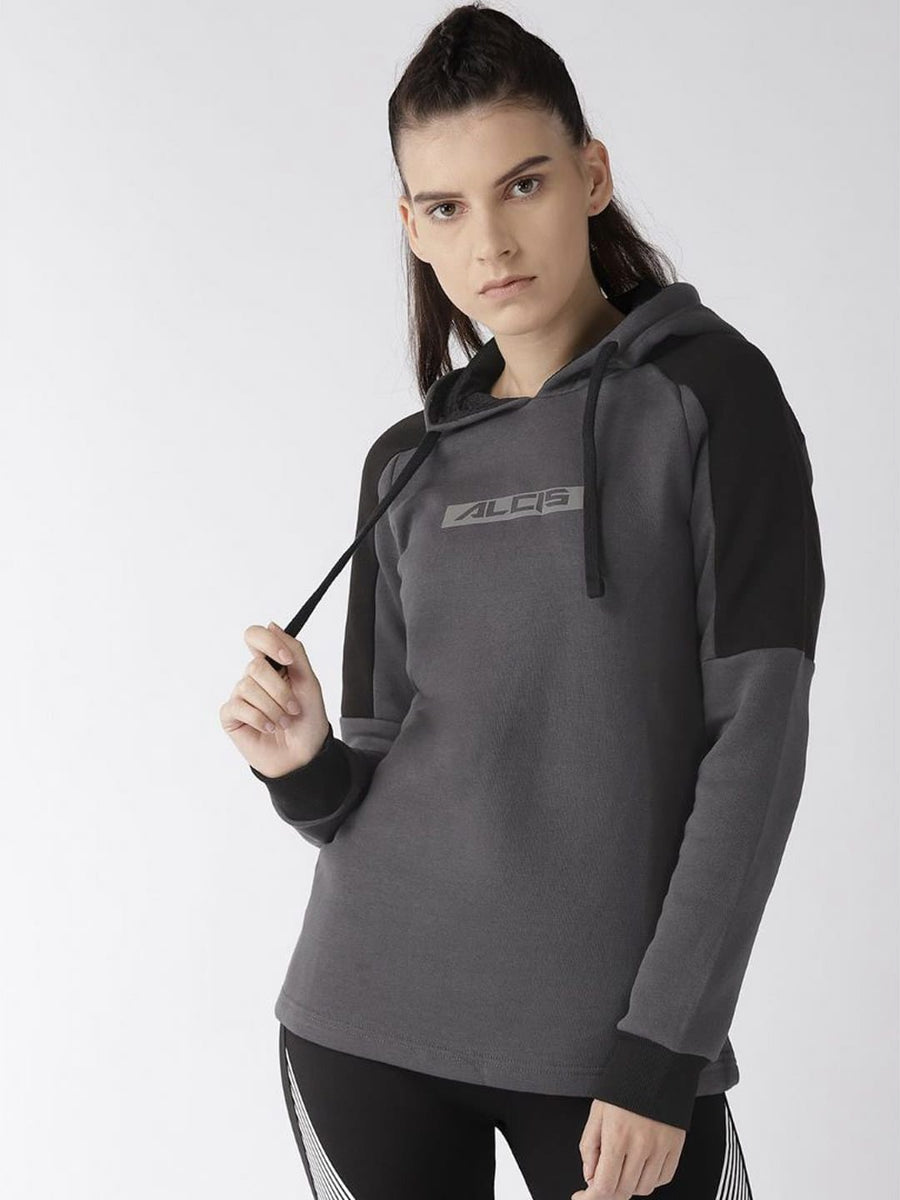 Alcis Women Charcoal Grey  Black Printed Detail Hooded Sweatshirt