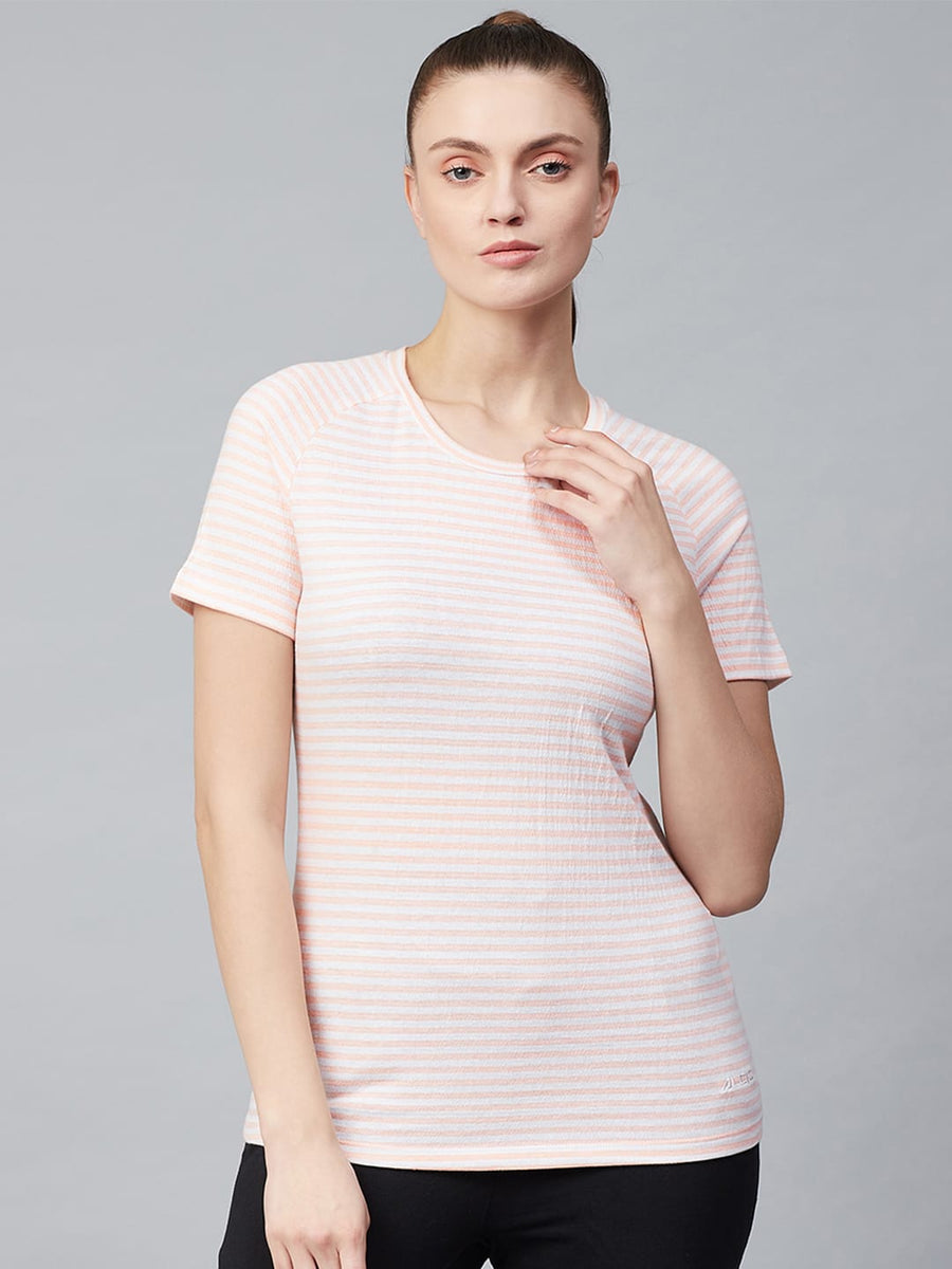 Alcis Women Peach-Coloured & White Striped Round Neck T-shirt