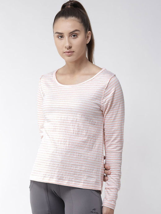 Alcis Women White Peach-Coloured Slim Fit Striped Round Neck Yoga T-shirt