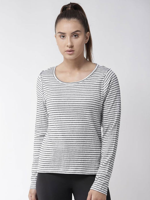 Alcis Women White Navy Blue Slim Fit Striped Round Neck Yoga T-shirt