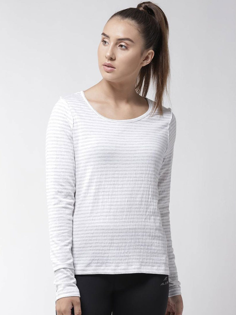 Alcis Women White  Grey Slim Fit Striped Round Neck Yoga T-shirt
